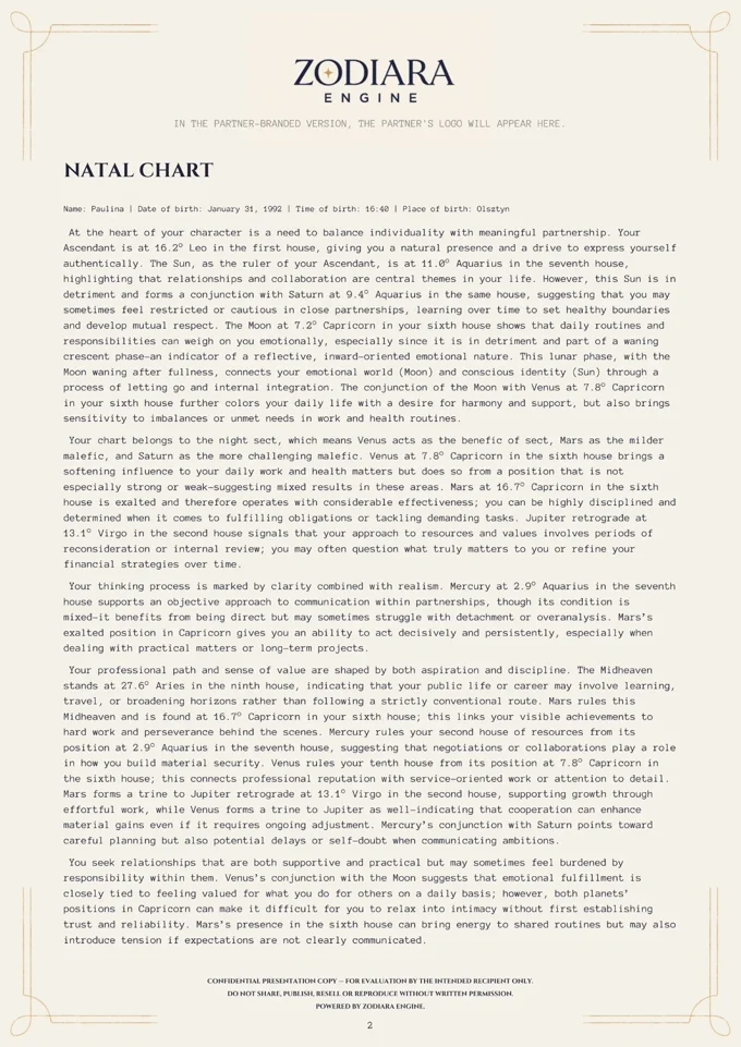 Report page – Natal chart
